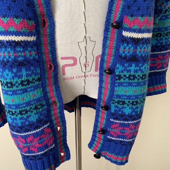 Vintage 80s Brass Plum Fair Isle Geometric New Wave Wool Sweater Cardigan - Picture 9 of 11